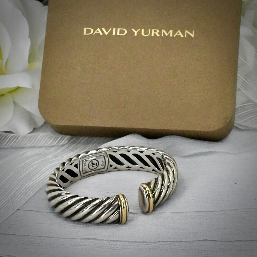 Authenticated David Yurman Waverly 18K Gold 925 Silver Cable Flex Cuff M 6.5 Box